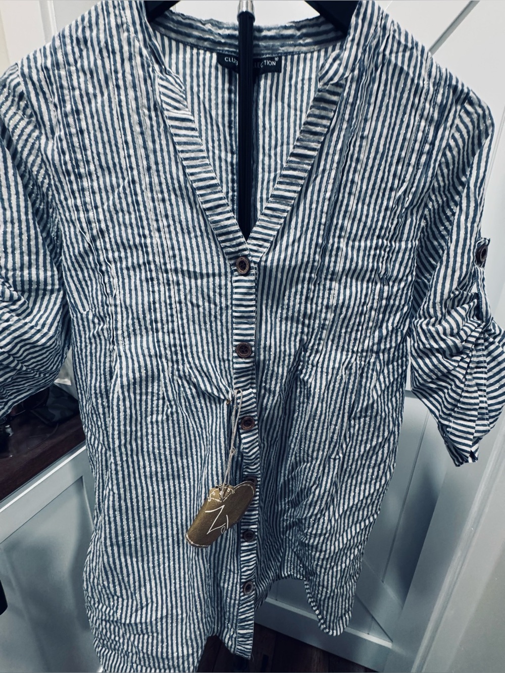 Collection B Navy & White Striped Roll-Tab Button-Front Shirt